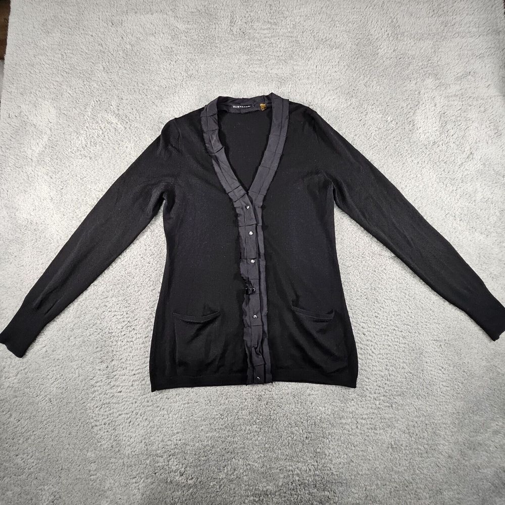 Elie Tahari Button Front Cardigan Womens XS Merino Wool Silk Blend Ruffle Pocket